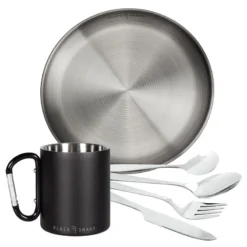 Camping Tasse Isotherme Mousqueton, Assiette Plate Et Couverts Set | Acier Inox